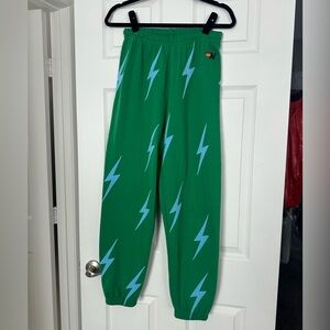 Aviator Nation Green Joggers Sweatpants with Blue Lightning Bolts
